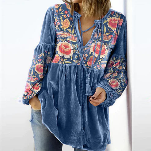 Felisa - Frauen Bluse Vintage Print V-Ausschnitt Langarmshirt