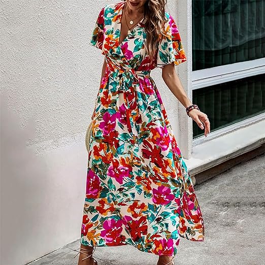 Clara - Tropical Print Gürtelkleid mit hoher Taille