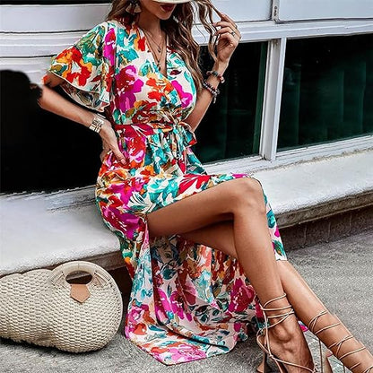 Clara - Tropical Print Gürtelkleid mit hoher Taille