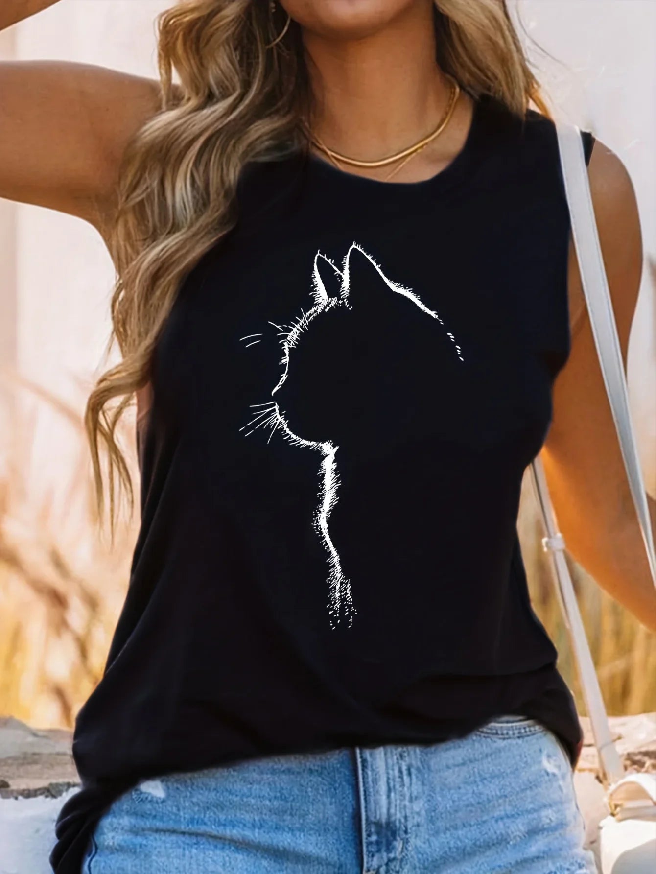 Edith - Cat Print Rundhalsausschnitt Tank Top